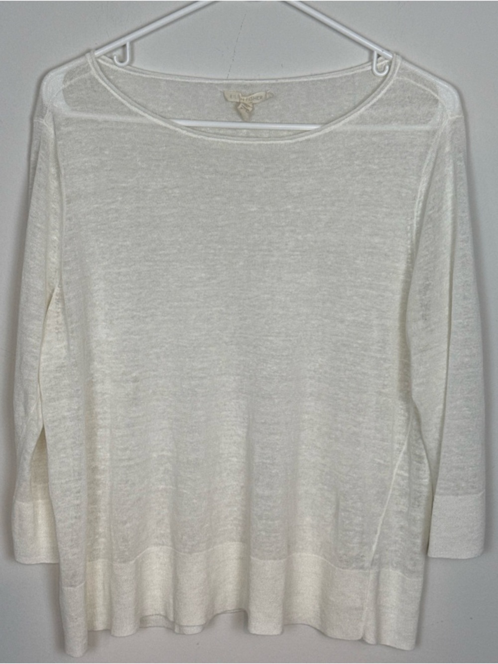 EILEEN FISHER White Sheer Linen/Nylon Draped Boatneck Sweater Sz M
